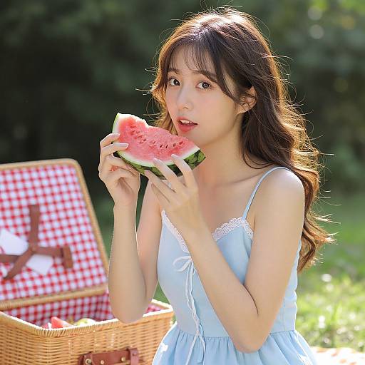 Young Asian woman with long brown hair, wearing a light blue sundress, biting into a watermelon slice outdoors, with a wicker basket and red