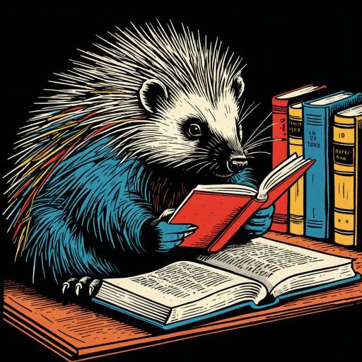 Vintage Porcupine Reading Books Illustration