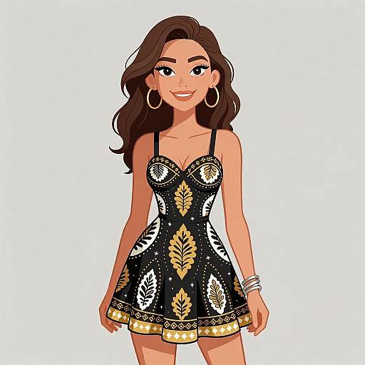 Digital illustration of a smiling woman with long brown hair, wearing a black, floral-patterned, strapless dress with gold accents and large hoop earrings,