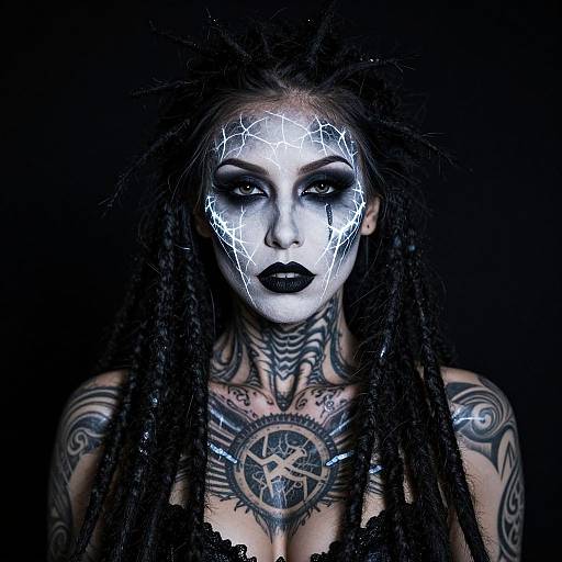 Photograph of a heavily tattooed woman with white face paint, black lipstick, lightning bolt makeup, dreadlocks, and dark background.
