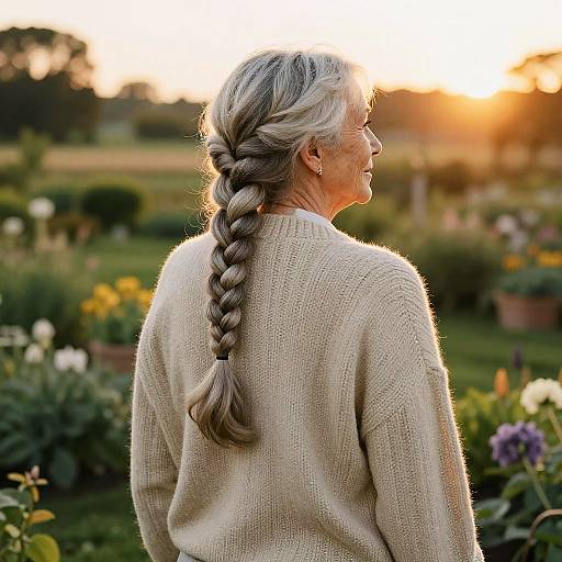 Elderly Woman with Half Braids in Garden at Sunset