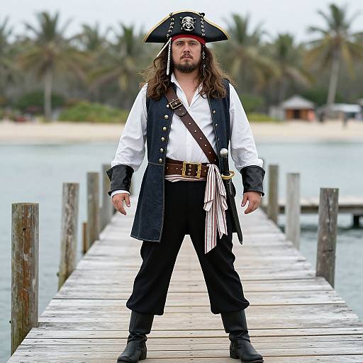 Photograph of a long-haired pirate with a black tricorn, white shirt, black vest, and pants, standing on a wooden dock with palm trees