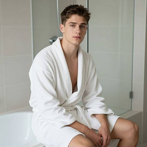 Photograph of a young, fair-skinned man with short, dark brown hair, wearing a white, textured bathrobe, sitting on a white bathtub