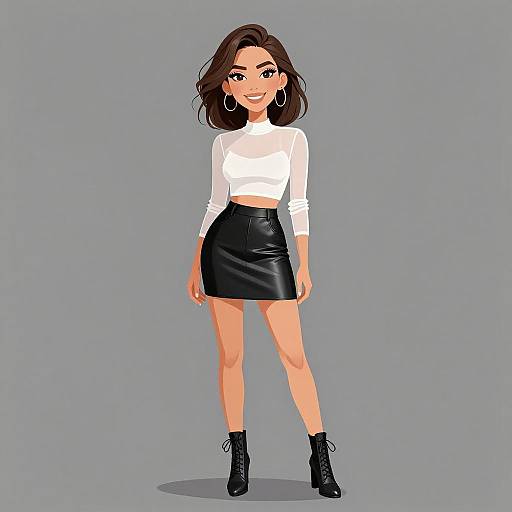 Digital illustration of a smiling woman with medium-length brown hair, wearing a white long-sleeve crop top, black leather skirt, black ankle boots,