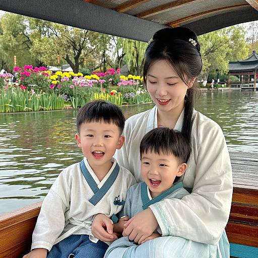 Photograph of an Asian woman in a white traditional Korean hanbok, smiling, seated with two smiling boys in white hanboks, beside a