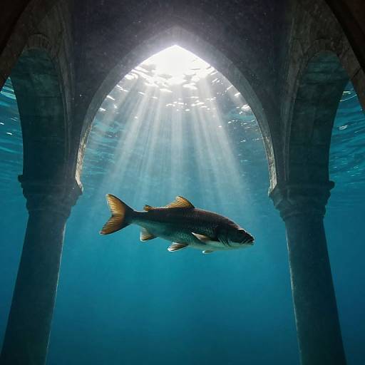 Photograph of a large, orange-and-white fish swimming beneath an archway, with sunlight beams illuminating the blue underwater scene.