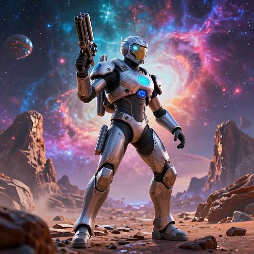 CGI image of a futuristic, silver-armored space soldier with glowing blue accents, holding a gun, standing in a rocky alien landscape with a colorful