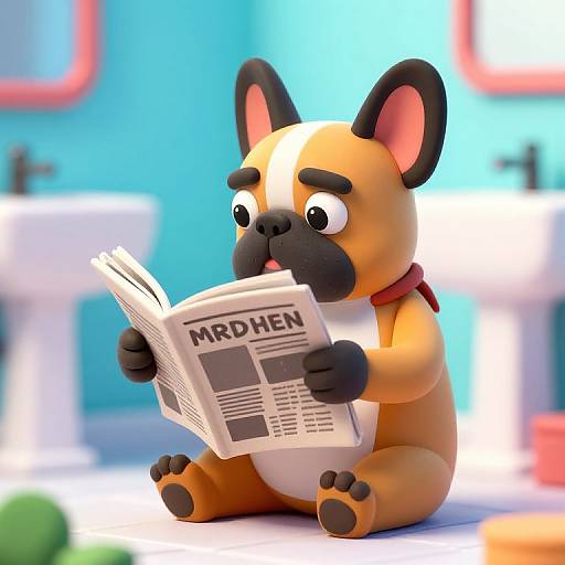 Pop Art Bulldog Reading in Bathroom