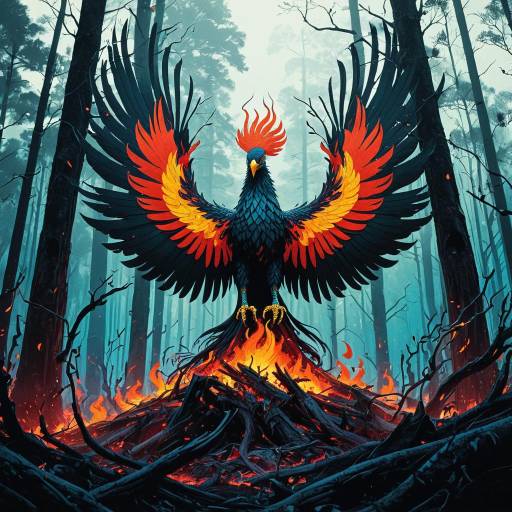 Phoenix Rising from Ashes in Forest