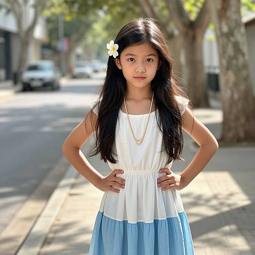 Serene Girl on Sunny Urban Sidewalk