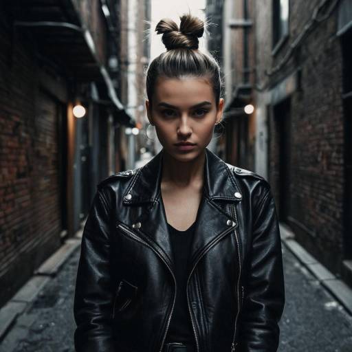 Young woman with top knot in urban alleyway Young woman with top knot in urban alleyway