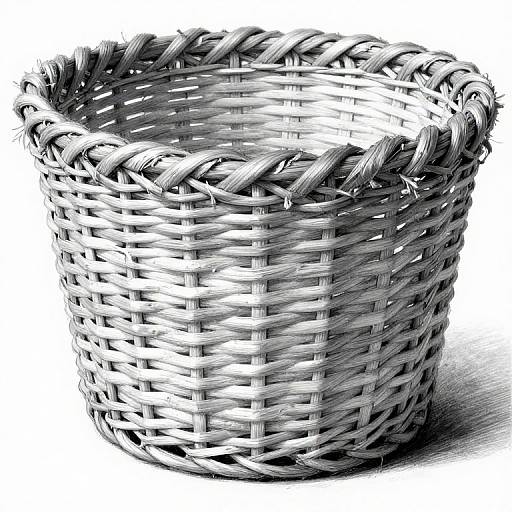 Monochrome digital drawing of a woven, round wicker basket with a curved handle, showcasing intricate, interlaced patterns and shadows.