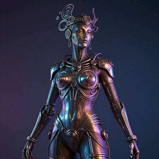 CGI image of a futuristic, metallic, female robot with glowing blue and purple accents, intricate armor, and ornate headpiece, standing against a