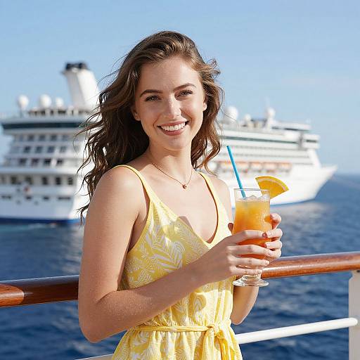 Photograph of a smiling woman with wavy brown hair, wearing a yellow floral dress, holding an orange drink with a straw, standing on a ship