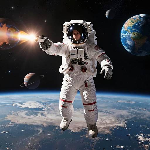Photorealistic image: Astronaut in white space suit with helmet, pointing laser gun at a bright star, floating above Earth and planets in space.