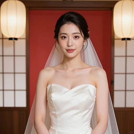 Photograph of an Asian bride with fair skin, black hair in an updo, wearing a white strapless wedding gown and veil, standing in a