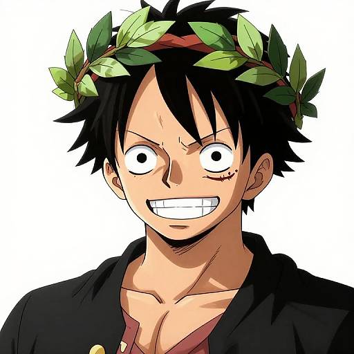 Anime-style digital drawing of a grinning, black-haired young man with a green laurel wreath, wearing a black jacket, against a white background