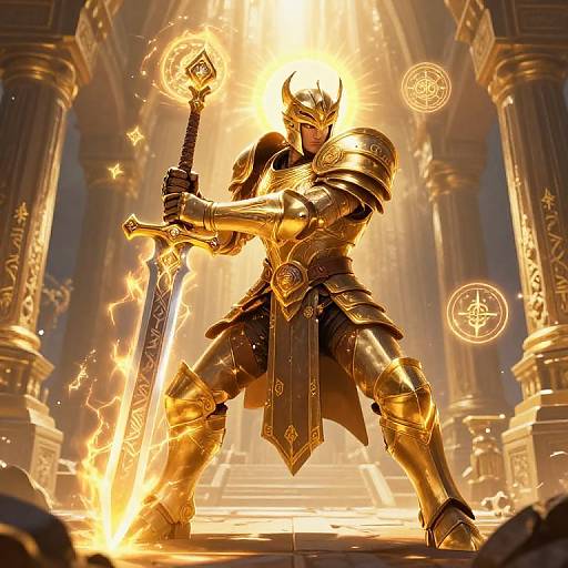 Digital art of a golden-armored, horned warrior with glowing eyes, holding a flaming sword in a radiant, temple-like setting.