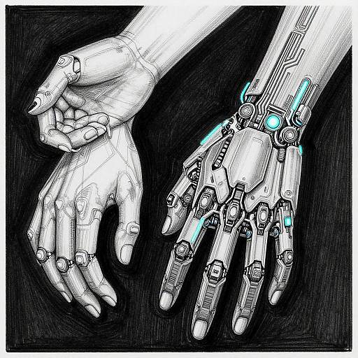 Digital drawing of a human hand with intricate mechanical prosthetic, glowing blue accents, and detailed joints, against a black background.