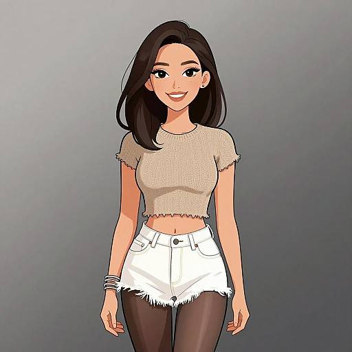 Digital anime-style drawing of a smiling young woman with long black hair, wearing a beige crop top, white frayed shorts, and black tights.