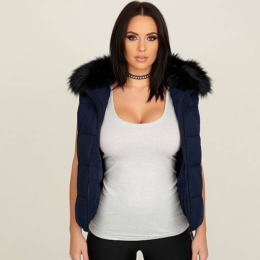 Photograph of a white woman with straight black hair, wearing a white tank top, black choker, and navy jacket with fur collar, standing against