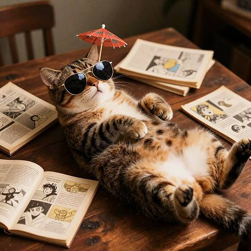 Sunglasses Cat Lounging on Rustic Desk