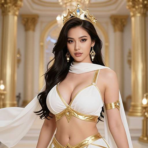 Digital art of an Asian woman with long black hair, wearing a gold crown, white and gold bikini top, and armlets, standing in a grand