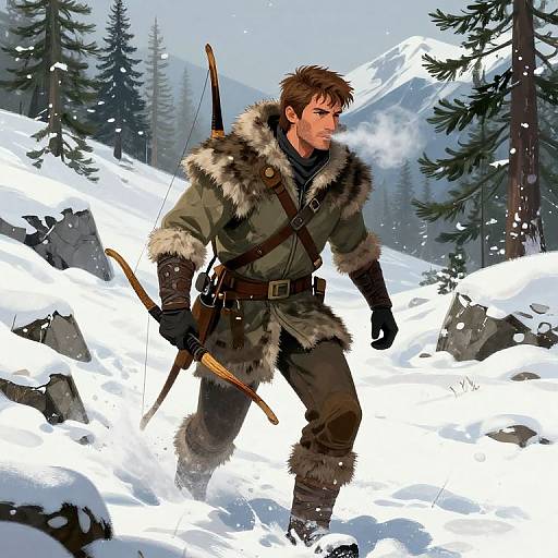 Digital illustration of a rugged, brown-haired man in fur-trimmed winter gear, carrying a bow and arrow, walking through a snowy forest with tall