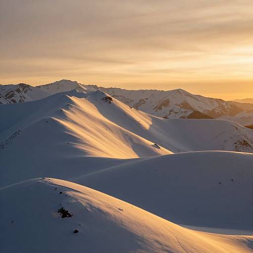 Photograph of a snow-covered mountain range at sunset, with golden sunlight casting long, soft shadows over rolling snowdrifts.