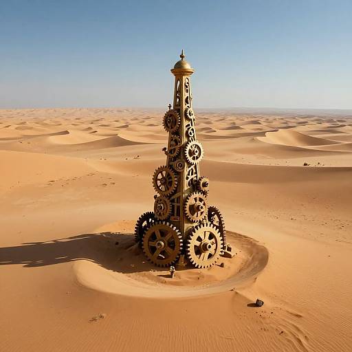 Photograph of a tall, intricately designed, gear-shaped structure standing in the middle of a vast, sunlit desert with rolling sand dunes under