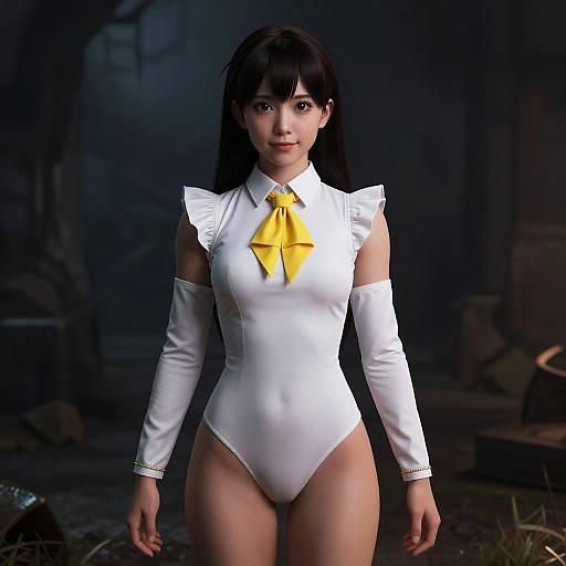 CGI image of an Asian woman with long black hair, wearing a white, high-cut, long-sleeve bunny suit with a yellow bow,