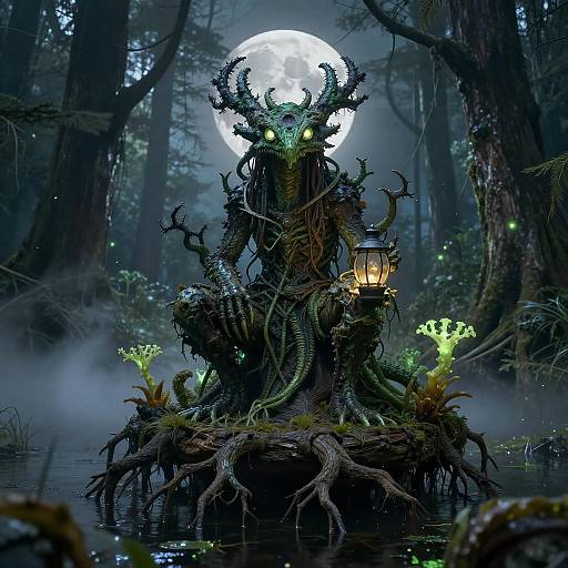 Moonlit Basilisk Shaman in Swamp