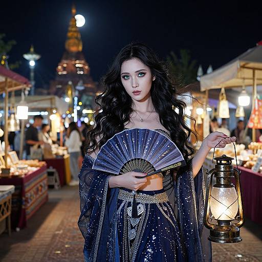 Photograph of a fair-skinned woman with long black hair, wearing a sparkly blue dress and holding a fan and lantern, standing in a nighttime