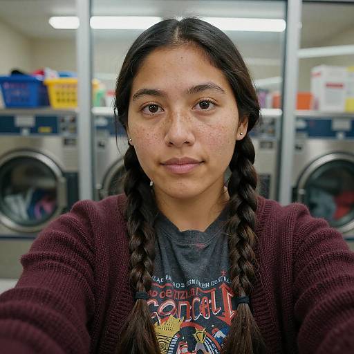 Candid Laundromat Selfie — Indigenous Woman