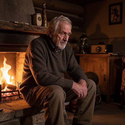 Photograph of an elderly white man with gray beard, wearing a dark sweater and brown pants, sitting by a warm, glowing fireplace in a rustic,