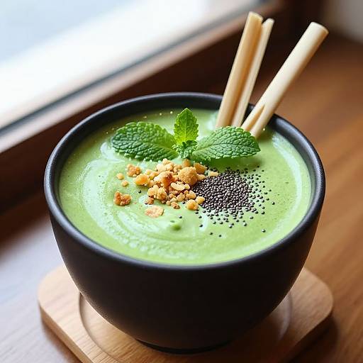 Photograph of a black bowl filled with vibrant green smoothie, garnished with black sesame seeds, crumbled nuts, mint leaves, and wooden chop