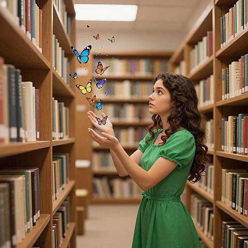 Photograph of a curly-haired woman in a green dress, standing in a library, gently touching colorful butterflies floating in front of her.