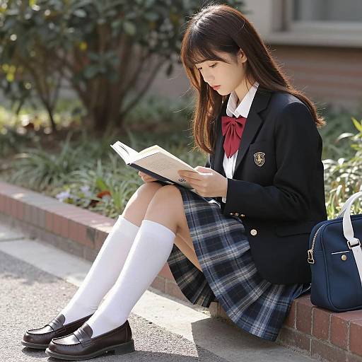 Japanese Schoolgirl Reading Outdoors