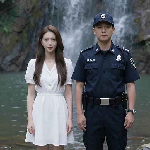 Police Officer and Woman by Waterfall