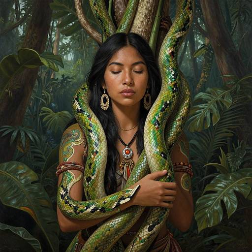 Digital artwork of a serene, dark-haired woman with closed eyes, adorned in tribal jewelry, surrounded by a green and yellow snake in a dense jungle.