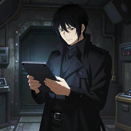 Digital anime-style drawing of a serious, black-haired man in a dark coat, intently holding a glowing tablet in a dim, industrial corridor.