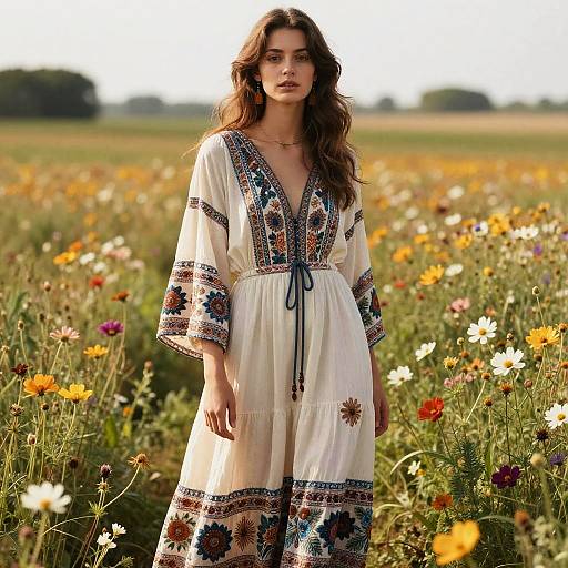 Photograph of a young woman with wavy brown hair, wearing a white, embroidered dress, standing in a vibrant field of wildflowers under bright sunlight