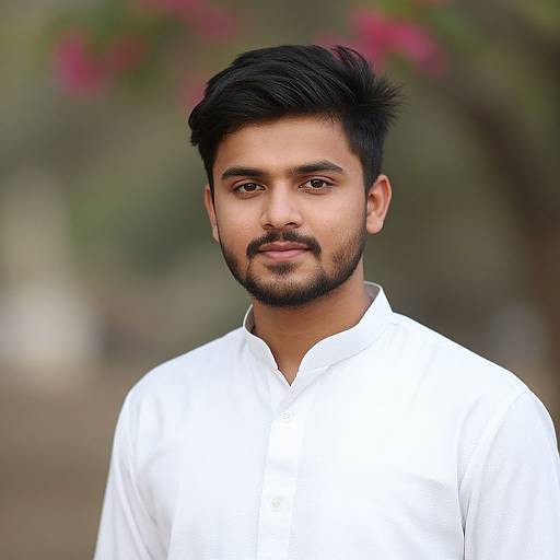 Photograph of a young South Asian man with medium brown skin, black hair, and beard, wearing a white shirt, against a blurred outdoor background with