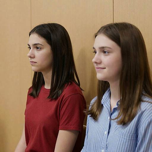 Two Young Women Seated Against Wooden Wall