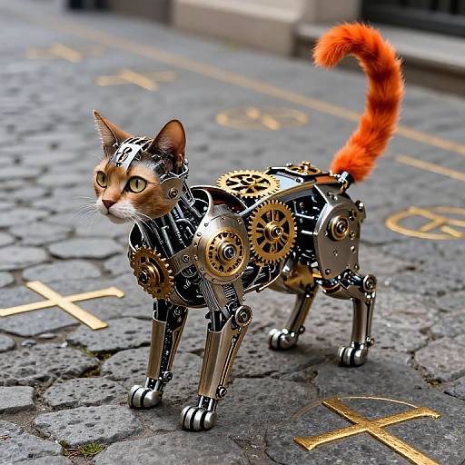 Photograph of a robotic cat with brass gears and a vibrant orange, fluffy tail standing on a cobblestone street with golden crosses.