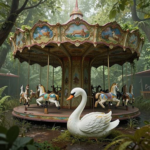 Photograph of a vintage, ornate carousel with painted horses and a white swan, surrounded by lush, overgrown forest foliage.