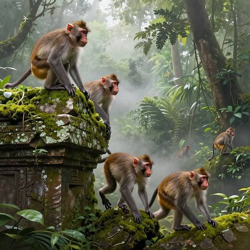 Photograph of five monkeys with reddish faces and brown fur, climbing and sitting on moss-covered ancient stone ruins in a dense, misty jungle.