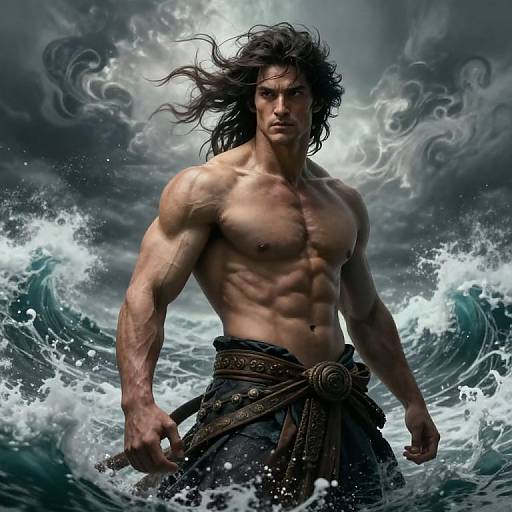 Digital artwork of a muscular, shirtless man with long black hair standing in turbulent ocean waves, wearing a dark, belted skirt. Stormy,
