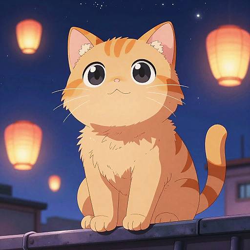 Cute digital anime-style orange tabby cat with large, expressive eyes, sitting on a rooftop at night, surrounded by glowing lanterns in a star