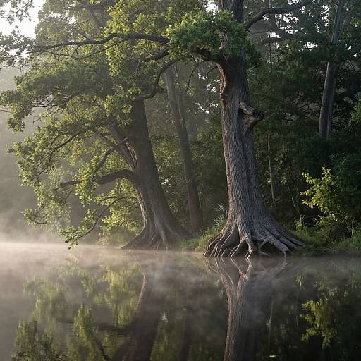 Photograph of misty forest by a reflective pond, featuring large, gnarled trees with lush green leaves, sunlight filtering through.